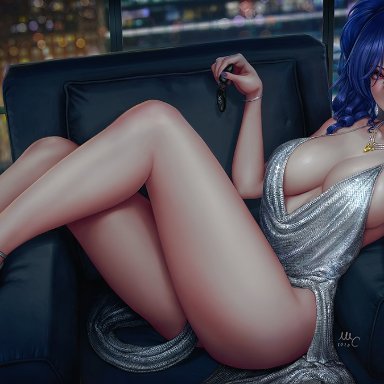 1girls, armchair, azur lane, big breasts, blue hair, blue nail polish, bracelet, breasts, champagne glass, cocktail dress, detailed background, dress, drunk, earrings, female