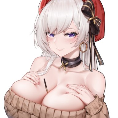 1girls, azur lane, bangs, bare shoulders, belfast (azur lane), belfast (shopping with the head maid) (azur lane), between breasts, big breasts, blush, breasts, brown sweater, choker, cleavage, closed mouth, collarbone