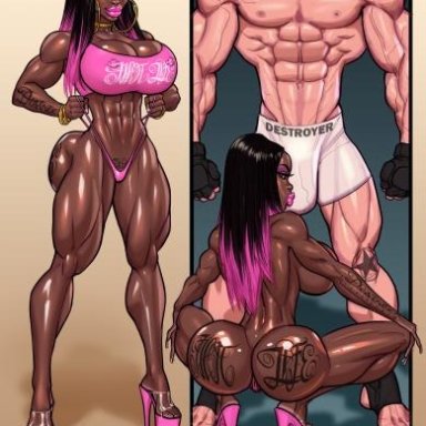 athletic female, bimbo, bodybuilder, bubble butt, bwc, dark-skinned female, fit female, gym clothes, gym shorts, huge breasts, maledom, muscular female, muscular male, taller male, theofficialpit