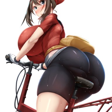 ass, bandana, bicycle, bicycle shorts, big ass, big breasts, blue eyes, blush, bottom heavy, brown hair, female, female protagonist, huge ass, huge breasts, huge thighs