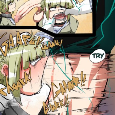 big penis, blonde hair, crying, deep throat, deepthroat, destruction, gag, himiko toga, huge cock, izuku midoriya, large penis, muscular, muscular male, my hero academia, saliva