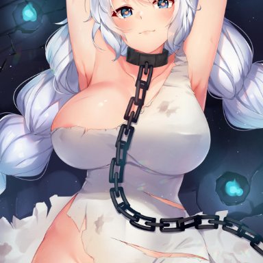 areola slip, areolae, armpits, arms up, avrora (azur lane), avrora (shackled saule) (azur lane), azur lane, bangs, bare shoulders, blue eyes, blush, bondage, braid, breasts, chains