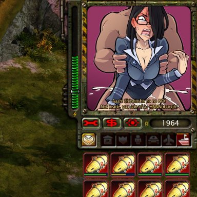 ambiguous penetration, big breasts, black hair, bottomless, breasts, cleavage, command and conquer, cum, cum explosion, cum inside, dialogue, eyline avari, faceless male, female, from behind