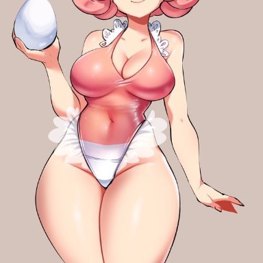 1girls, big breasts, blissey, blue eyes, curvy figure, egg, female, humanized, kenron toqueen, large breasts, leotard, nintendo, pale skin, pale-skinned female, pink hair