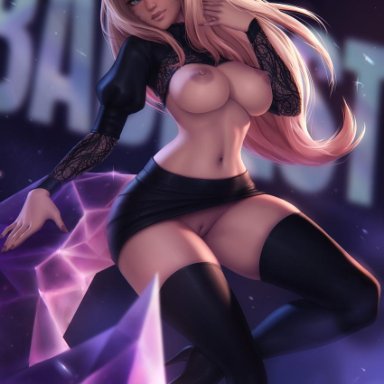 1girls, ahri, alternate costume, areolae, big breasts, breasts, edit, female, female only, k/da ahri, k/da series, large breasts, league of legends, nipples, no panties