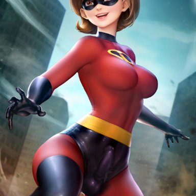 1girls, absurdres, balls, balls in bodysuit, black gloves, bodysuit, breasts, brown eyes, brown hair, bulge, clothed, clothing, disney, domino mask, edit