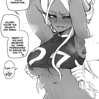 animal ears, bunny ears, clothed, clothing, dialogue, licking, miruko, monochrome, my hero academia, ratatatat74, rumi usagiyama