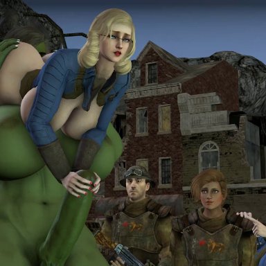 3d, animated, ass eating, ass grab, big breasts, big penis, blonde hair, carrying, fallout, futa on female, futanari, glasses, handjob, ncr soldier, onc