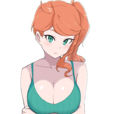 1girls, big breasts, breasts, calendarv, camisole, cleavage, coat removed, crossed arms, eyeliner, female, female only, game freak, ginger hair, green eyes, highres