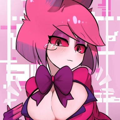 1girls, alastor (hazbin hotel), belt, big breasts, blush, blushing at viewer, bowtie, breasts, clothed, clothed female, clothing, demon, demon girl, eyelashes, eyewear