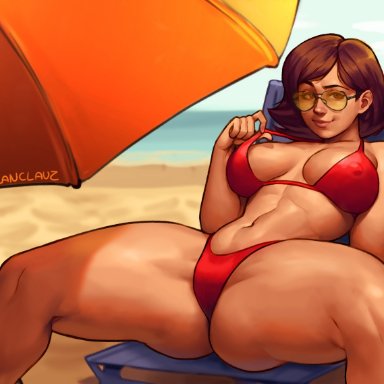 1girls, big breasts, bikini, blanclauz, breasts, cleavage, female, female only, helen parr, large breasts, looking at viewer, solo, spread legs, the incredibles