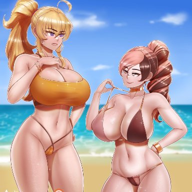 2girls, aestheticc-meme, big breasts, breasts, female, female only, huge breasts, large breasts, neo (rwby), rwby, thick thighs, wide hips, yang xiao long
