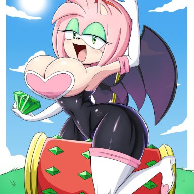 1girls, amy rose, anthro, ass, big ass, big breasts, female, female only, gloves, green eyes, huge thighs, large breasts, lordoozy, pink fur, rouge the bat