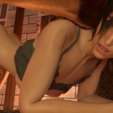 1boy, 1futa, 3d, animal genitalia, animated, dickgirl, erection, feral on futa, from behind, futanari, futuretist, horse, horsecock, huge cock, lara croft