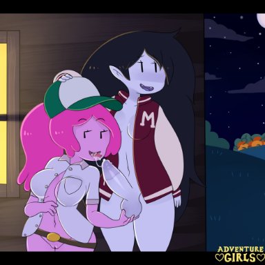 1futa, 1girls, adventure time, black hair, bottomless, cum, cum in mouth, fangs, fondling balls, futa on female, futanari, grey skin, marceline, navel, pink hair