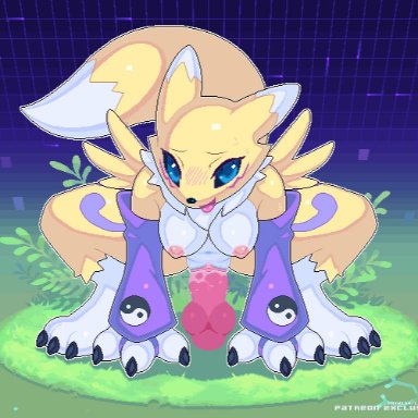 animated, anthro, camotli, digimon, dildo, female, fluids, pussy ejaculation, renamon, source request, tagme, vaginal penetration