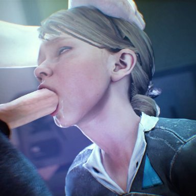 3d, animated, blonde hair, blowjob, blue eyes, brown hair, closed eyes, clothed, clothed female, detroit: become human, fellatio, fugtrup, kara (detroit: become human), lips, lipstick