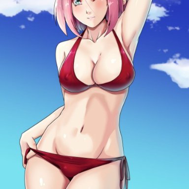 1girls, arm behind head, arm up, bikini, blush, boruto: naruto next generations, breasts, cleavage, clouds, erect nipples, eyebrows visible through hair, facial mark, female, female only, flower