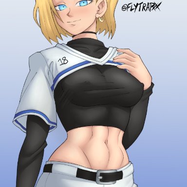 1girls, abs, android, android 18, baseball bat, baseball uniform, big breasts, blonde hair, blue eyes, breasts, dragon ball, dragon ball z, erect nipples under clothes, female, flytrapxx