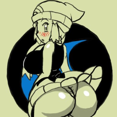 1girls, ass, big ass, big breasts, blush, dawn (pokemon), doodle, female, hat, huge ass, nintendo, panties, partially colored, pokemon, pokemon dppt