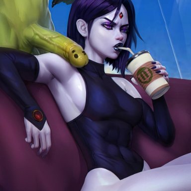 1boy, 1girls, abs, annoyed, armpits, beast boy, black lipstick, clothed female nude male, cup, dc comics, disposable cup, drinking straw, elbow gloves, erection, evulchibi