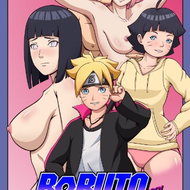 2boys, 3girls, armpits, arms behind head, big breasts, blonde hair, blue eyes, blue fur, blue hair, blush, bob cut, boruto: naruto next generations, breasts, busty, cheating