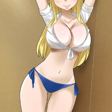 big breasts, blonde hair, blue panties, cleavage, cute, fairy tail, female, female only, gaston18, lace, lucy heartfilia, small panties, smile, tank top