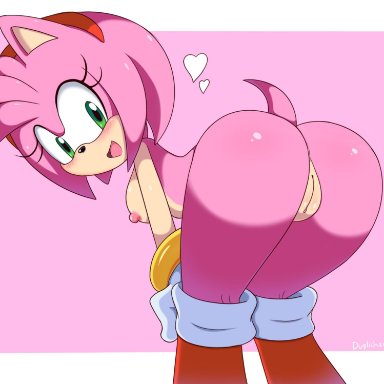 amy rose, ass, big ass, duplichance, gloves, happy, pink hair, pink skin, pussy, smile, sonic (series), sonic the hedgehog (series), tail