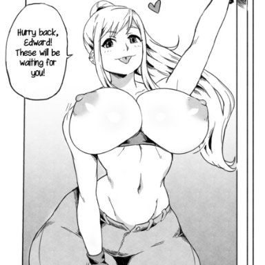 1girls, big breasts, breasts, female only, fullmetal alchemist, gloves, jay-marvel, jeans, long hair, looking at viewer, monochrome, nipples, ponytail, solo, speech bubble