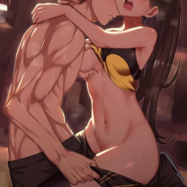 1boy, 1boy1girl, bangs, bare shoulders, black hair, black pants, blue eyes, blush, breast grab, breasts, bust chart, couple, cowgirl position, fate (series), fate/stay night