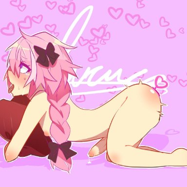 ahe gao, astolfo (fate), braid, braided hair, chipote chillon, cum, femboy, from behind, gay, girly, hair bow, hair ornament, hearts, hugging pillow, pink hair