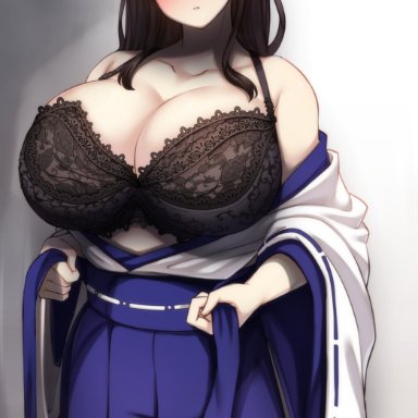 blushing, bra, brown hair, curvy, female only, huge breasts, japanese clothes, kaga (kantai collection), kantai collection, ryuun (stiil), stripping, underwear