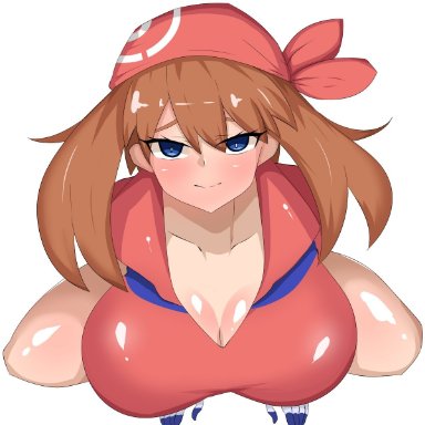 1girls, big breasts, blue eyes, blush, brown hair, eye contact, female, female protagonist, huge breasts, large breasts, looking at viewer, may (pokemon), medium hair, nintendo, pokemon