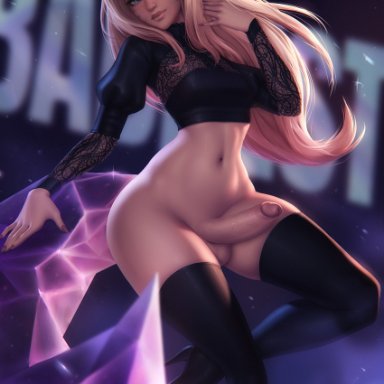 1futa, absolute territory, ahri, alternate costume, areolae, black legwear, black shoes, black stockings, bottomless, breasts, clothed, clothing, dickgirl, erection, fox ears