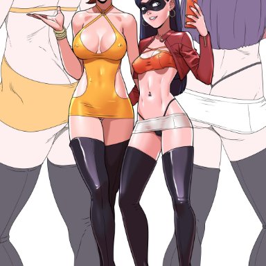 2girls, big breasts, elastigirl, female only, helen parr, high heel boots, high heels, invisible girl, long hair, mother and daughter, pixar, short hair, tekuho, the incredibles, thighhigh boots