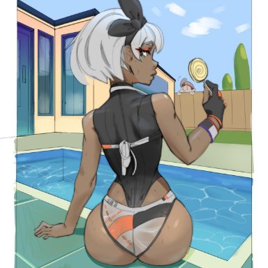 1boy, 1girls, ass, back, bea (pokemon), big ass, dark skin, dark-skinned female, eye contact, grey hair, hair ribbon, hairband, looking at viewer, looking back, lycoris (artist)