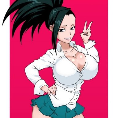 1girls, big breasts, blue skirt, boimbo, cleavage, dark hair, deo, grey eyes, hand on hip, hourglass figure, huge breasts, looking at viewer, momo yaoyorozu, my hero academia, nipple bulge