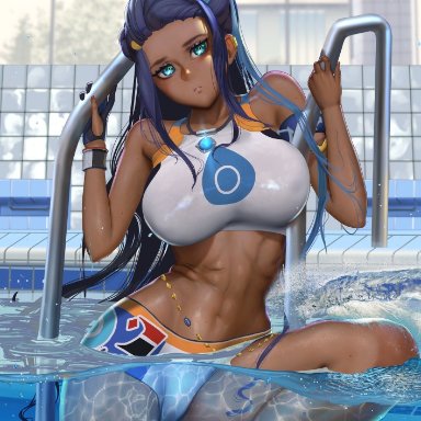 1girls, big breasts, blue eyes, blue hair, dark blue hair, dark skin, dark-skinned female, eye contact, female, large breasts, looking at viewer, nessa (pokemon), nintendo, patreon username, pokemon