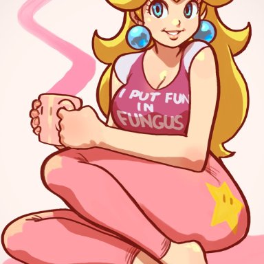 1girls, barefoot, big lips, blonde hair, blue eyes, cleavage, colored, cup, earrings, feet, lips, long hair, negarobo, nintendo, pajamas