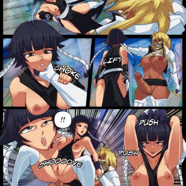 !!, !!?, 1futa, 1girls, anal, areolae, black eyes, bleach, blonde hair, breasts, breasts out of clothes, breasts outside, chest tattoo, choking, clothing