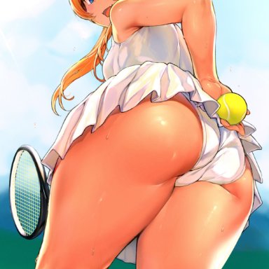 1girls, absurdres, ass, big ass, female, from behind, highres, hinnyuu-chan (iku), iku (ikuchan kaoru), miniskirt, original, solo, sweat, tennis, tennis ball