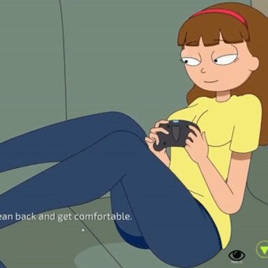 1boy, 1girls, adult swim, animated, bedroom eyes, biting lip, biting own lip, breasts, brown hair, clothed, clothed female, clothed male, clothes, controller, couch