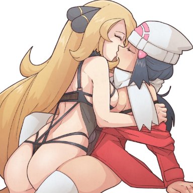 2girls, ass, blonde hair, blue eyes, blush, breast to breast, breasts, closed eyes, cynthia (pokemon), dawn (pokemon), female, fumphole, hair ornament, hat, kissing