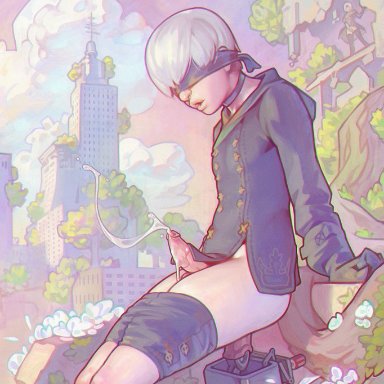 1boy, cum, cumshot, erection, femboy, girly, male, male only, masturbation, nier, nier: automata, penis, sabudenego, trap, yorha 9s