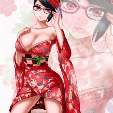 1girls, adjusting glasses, bare shoulders, big breasts, black hair, boruto: naruto next generations, breasts, cleavage, eyewear, female, female only, flower, ganerz, glasses, hair ornament