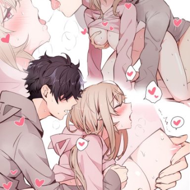 1boy, animal ears, animal hood, black hair, blonde hair, blush, breast grab, breasts, breasts outside, breath, closed eyes, clothed sex, fake animal ears, female, grabbing