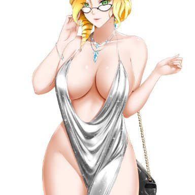 big breasts, blonde hair, cleavage, dress, ear piercing, glasses, glynda goodwitch, green eyes, kimmy77, looking at viewer, mature female, necklace, purse, rwby, showgirl skirt