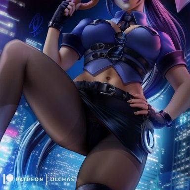 1girls, big breasts, breasts, cleavage, cosplay, female, female only, kai'sa, large breasts, league of legends, looking at viewer, olchas, police, police uniform, solo