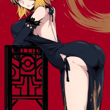 arched back, back, big ass, blonde hair, cynthia (pokemon), dress, large breasts, looking at viewer, pokemon dppt, red background, simure460, suzusiigasuki, thick thighs