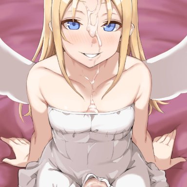 1other, angel, angel wings, arm support, bare arms, black shorts, blonde hair, blue eyes, blush, broken halo, closed mouth, commentary request, crimvael, cum, dress